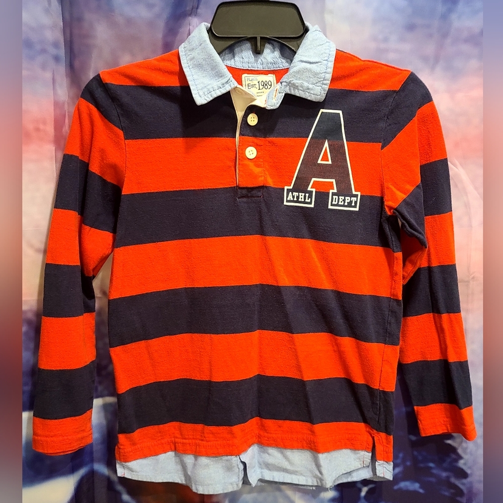 Boys long sleeve, collared, quarter button down shirt, size 7-8